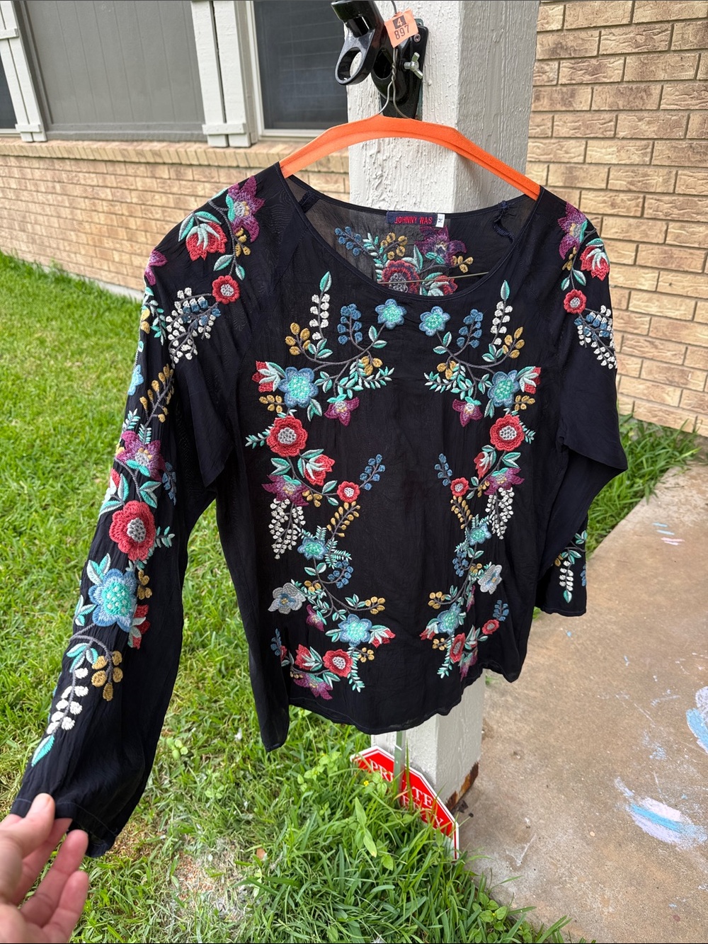 Johnny Was Embroidered Black Floral Long-Sleeve Top